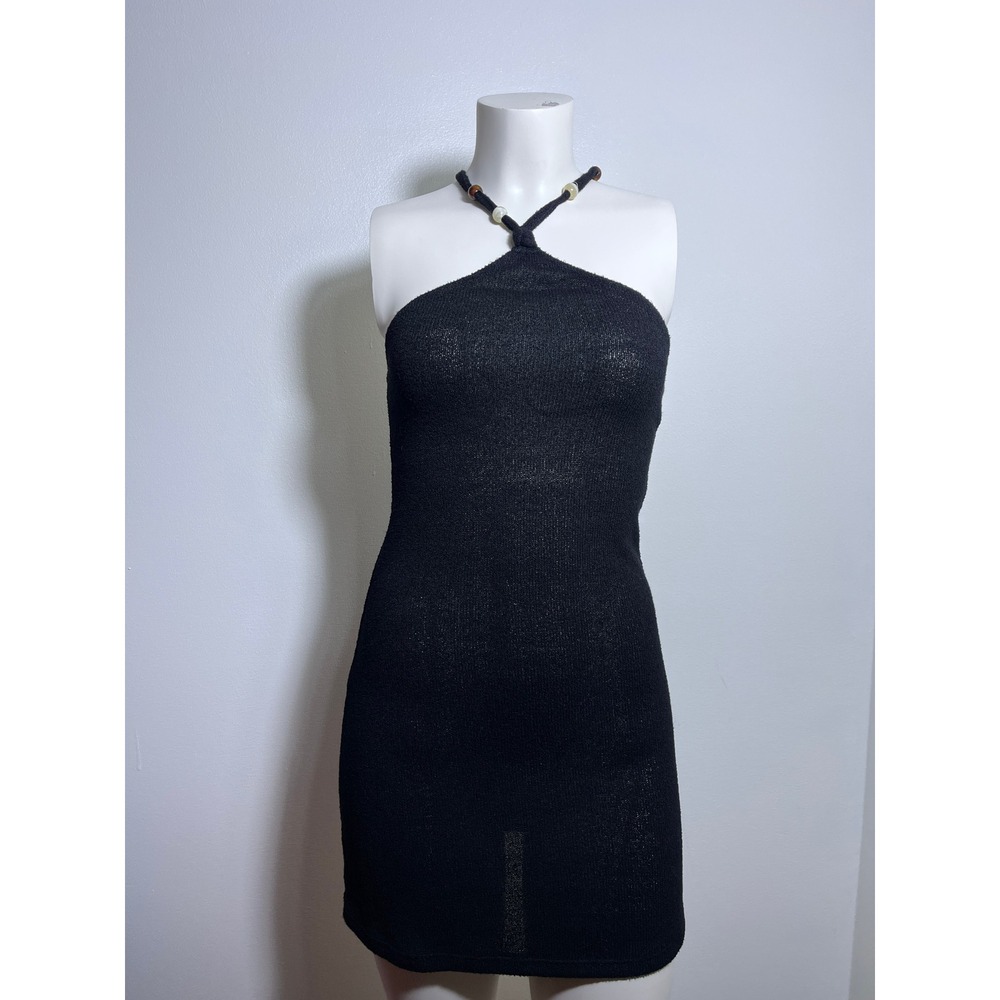 Black Knit Beaded Halter Neck Mini Dress Bodycon Sleeveless LBD